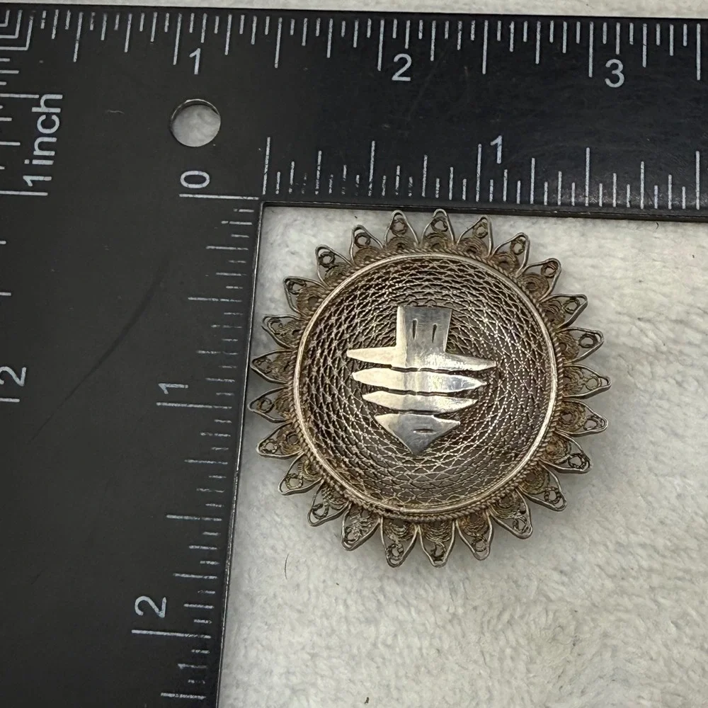 Vintage Spun Silver Cedar of Lebanon Brooch Silver Tone Round Pin